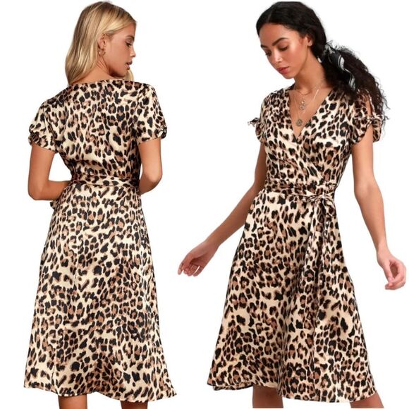 Lulus Wild Night Out Taupe Leopard Print Wrap Midi Dress | M - Picture 1 of 14